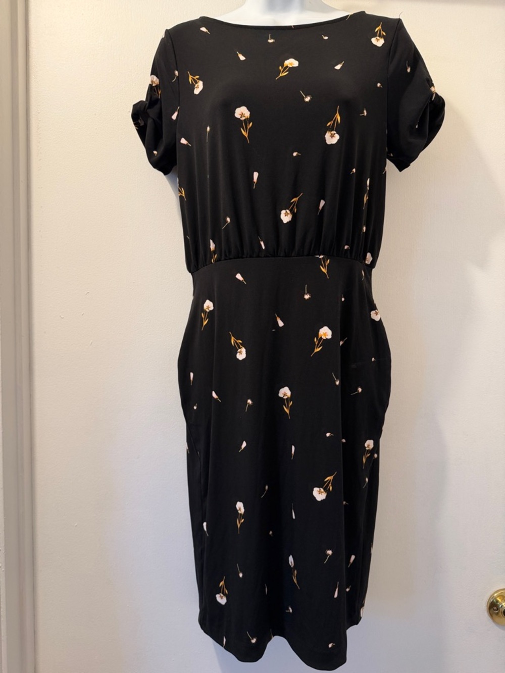 Ann Taylor Black Midi Dress with White & Gold Floral Print